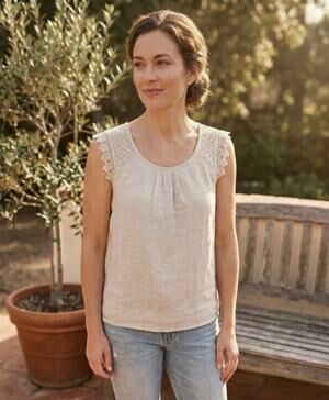 Sunflower Tunic Top Blouse Women Size M 100% Linen Lace Detail, Made In Italy